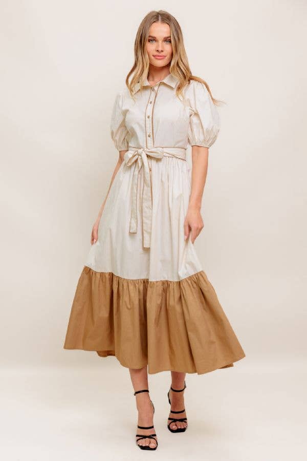 Color Block Midi Dress-Cream