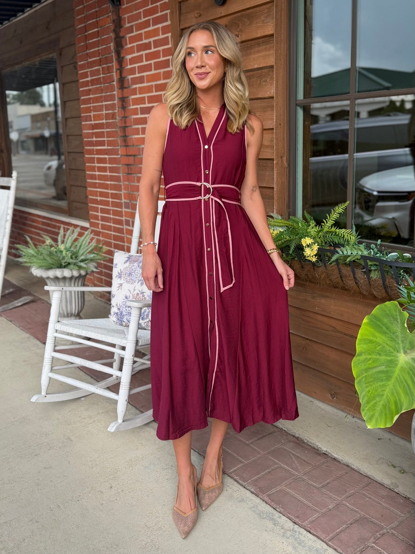 Sleeveless Belted Midi Dress-Burgundy