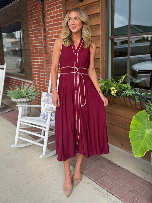 Sleeveless Belted Midi Dress-Burgundy
