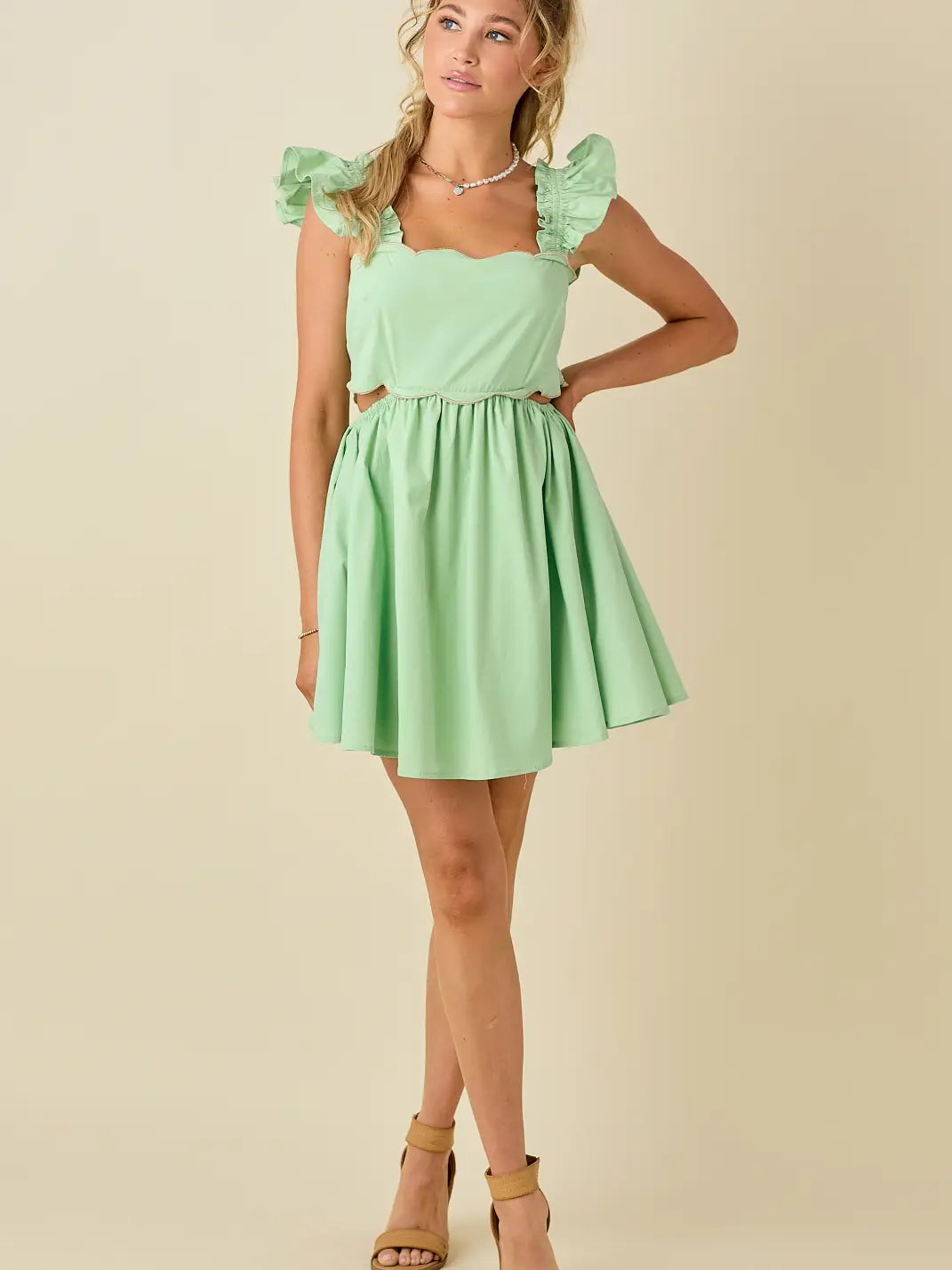 Scallop Mini Dress with Ruffled Shoulder