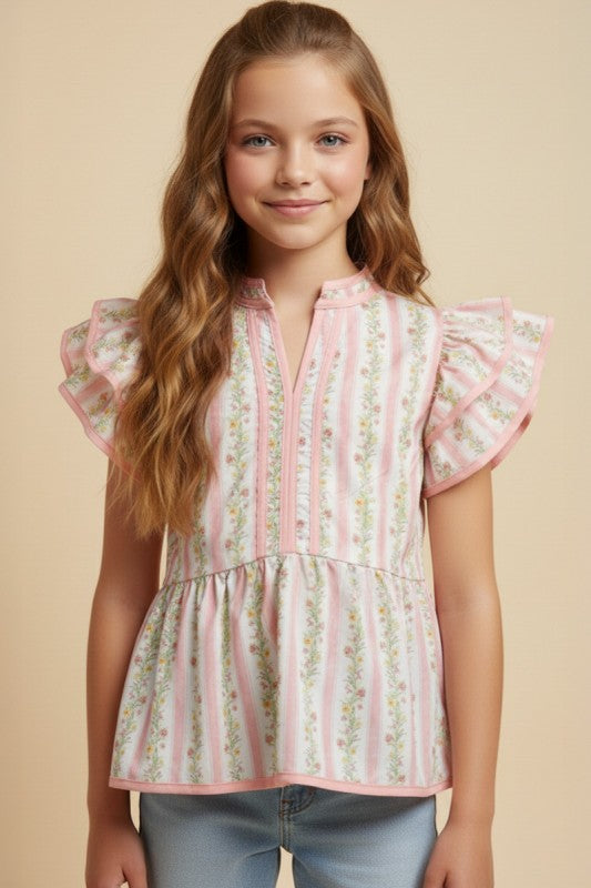 Hayden Girls Floral Striped Ruffle Top