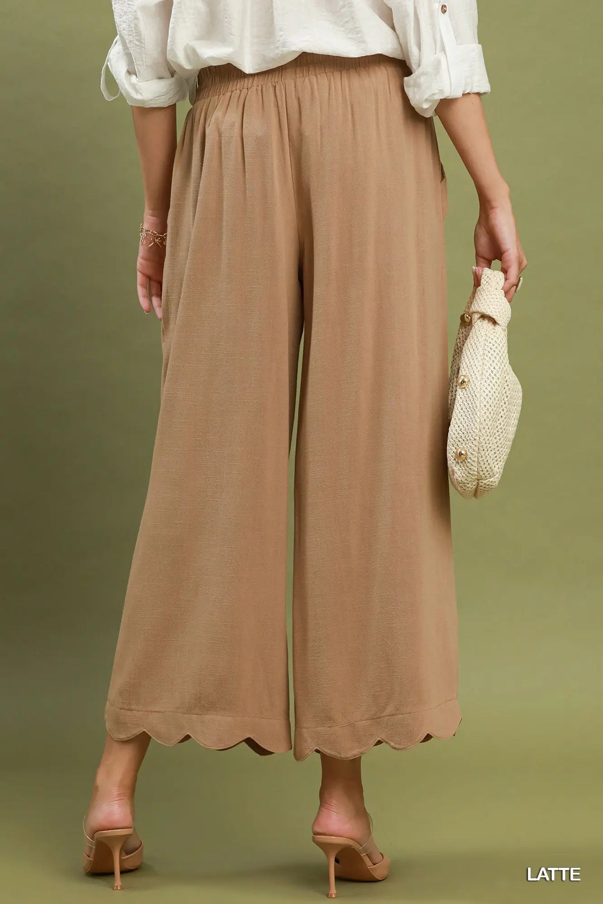 Linen Blend Scallop Hem Wide Leg Pants