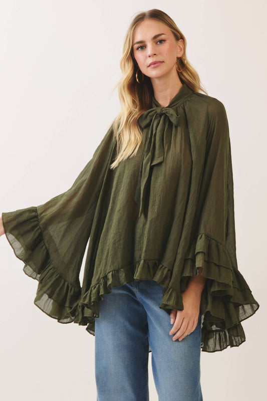 Tie Neck Ruffle Poncho Top