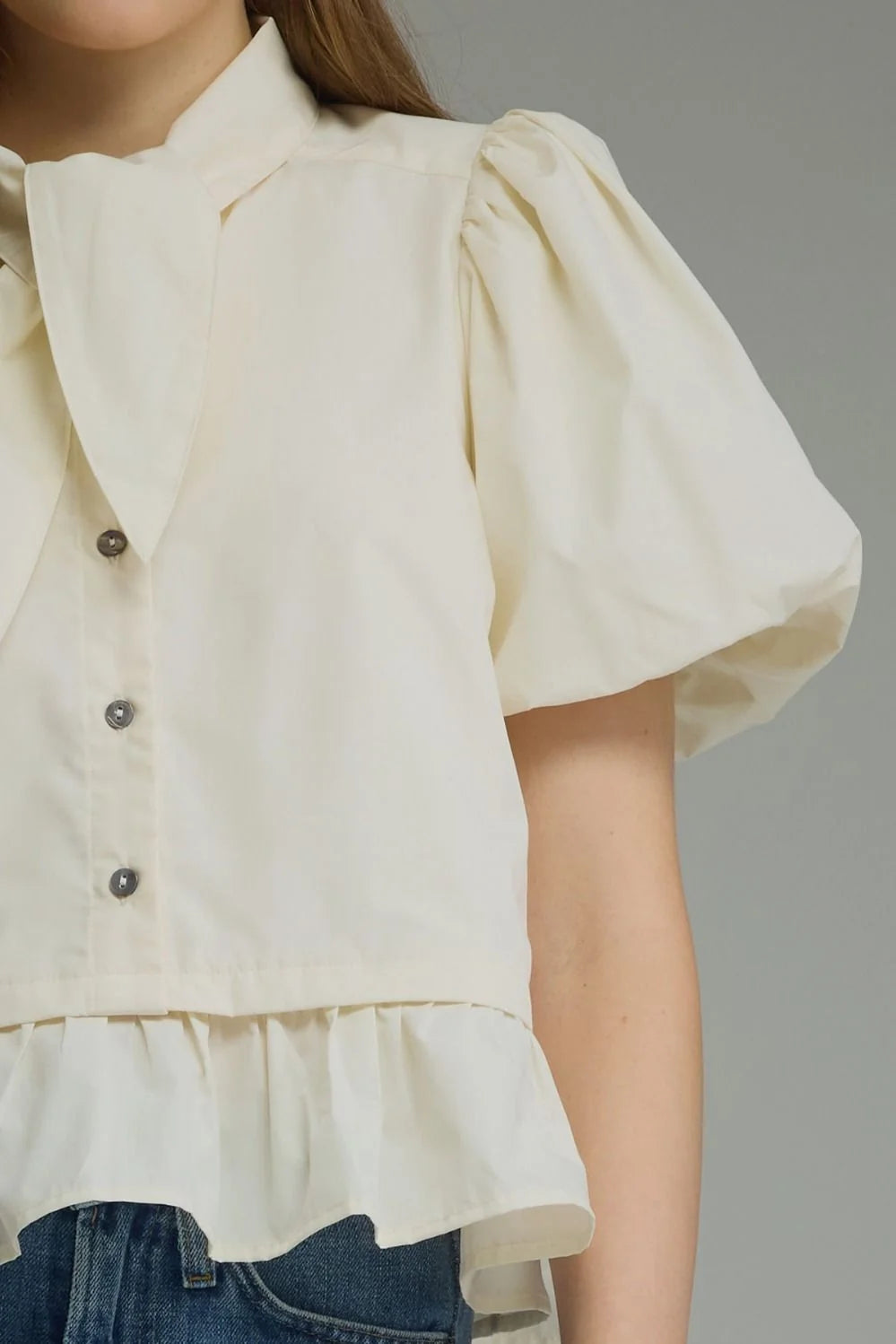 Scarf Tie Ruffle Hem Top- Cream