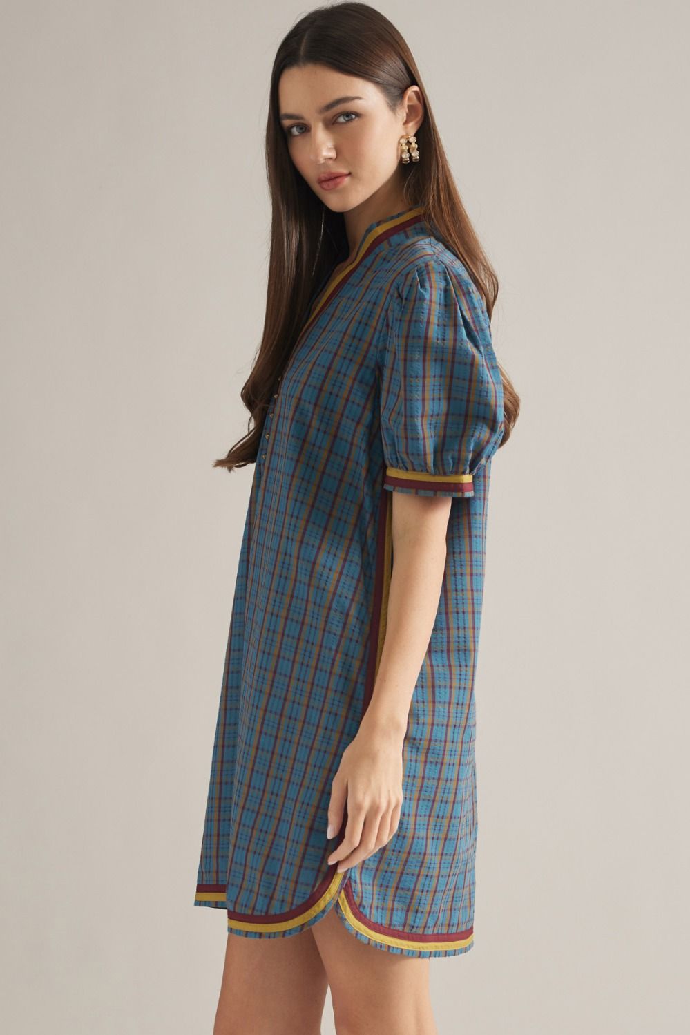 Plaid Puff Sleeve Mini Dress-Teal