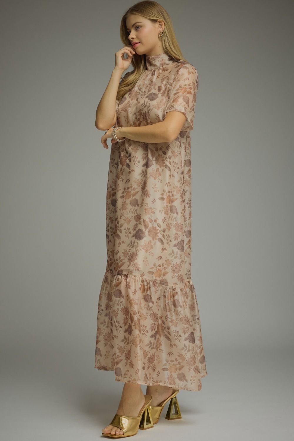Sheer Floral Maxi Dress- Taupe