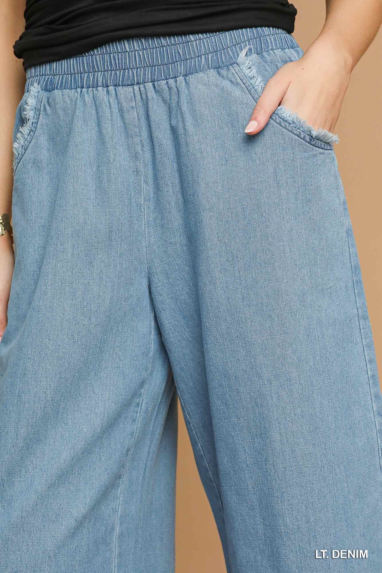 Washed Denim Pants with Fringe Hem