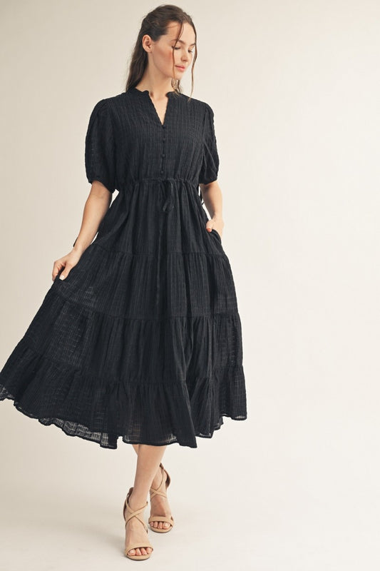 Drawstring Waist Tiered Midi Dress