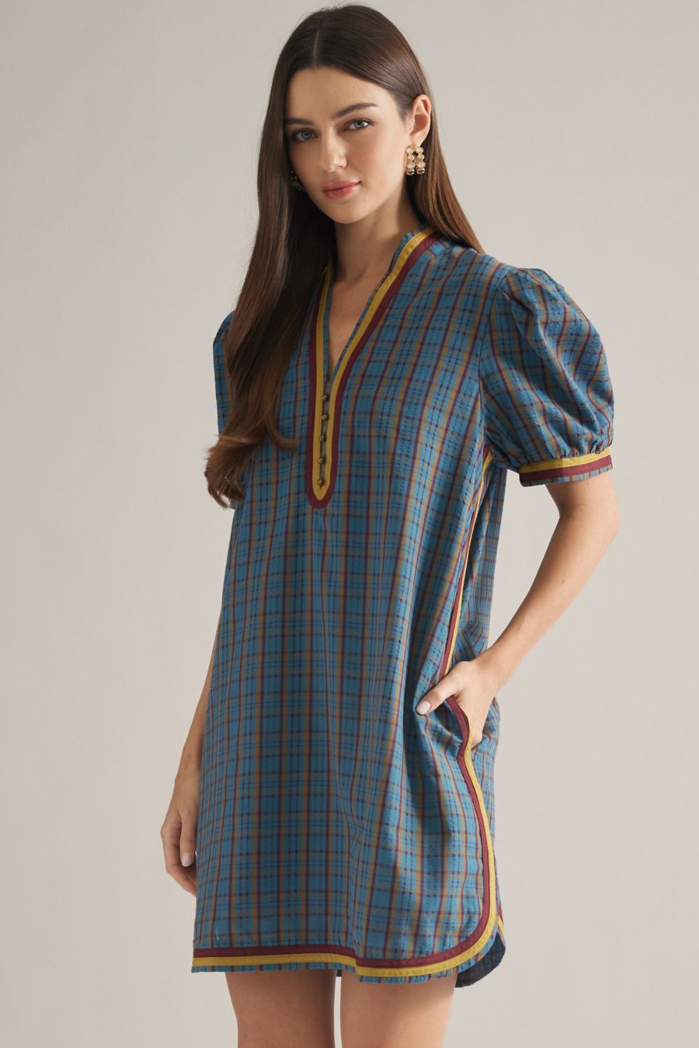 Plaid Puff Sleeve Mini Dress-Teal
