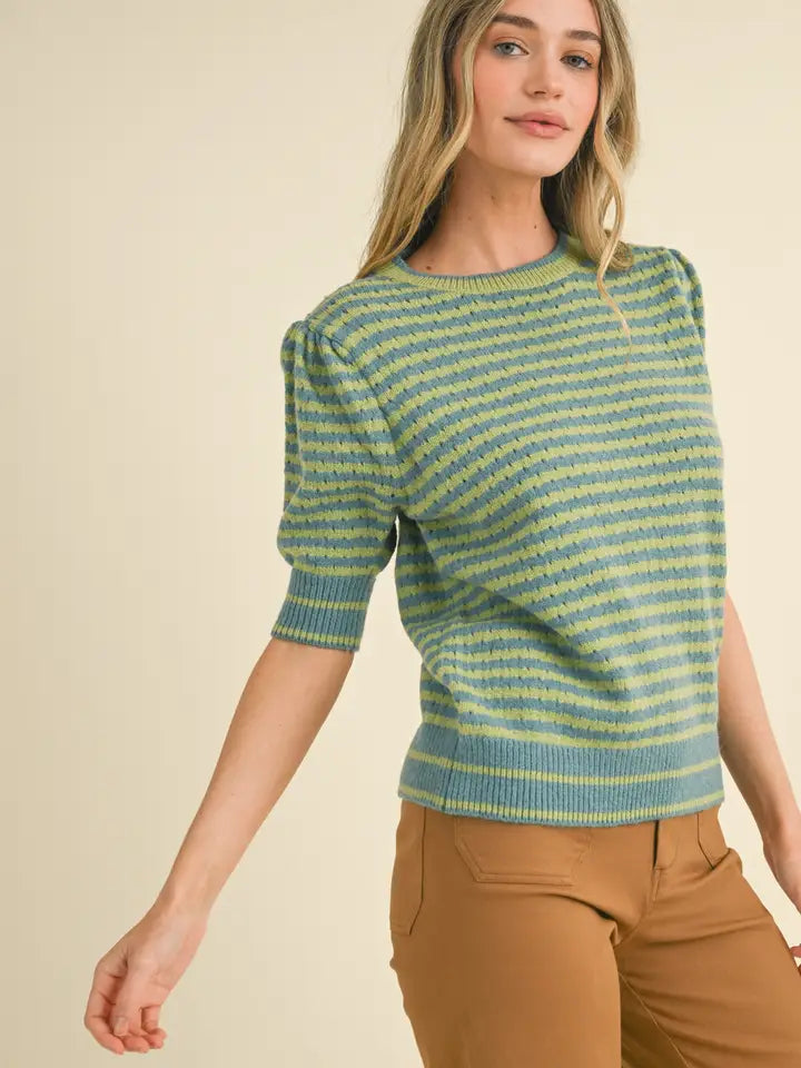 Striped Knit Puff Sleeve Sweater