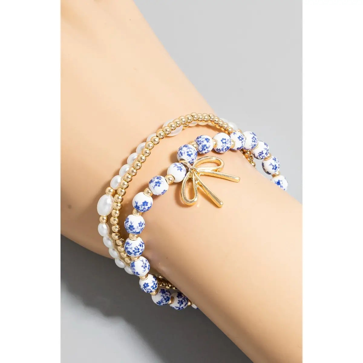 Bow Charm Blue Floral Bracelet Set