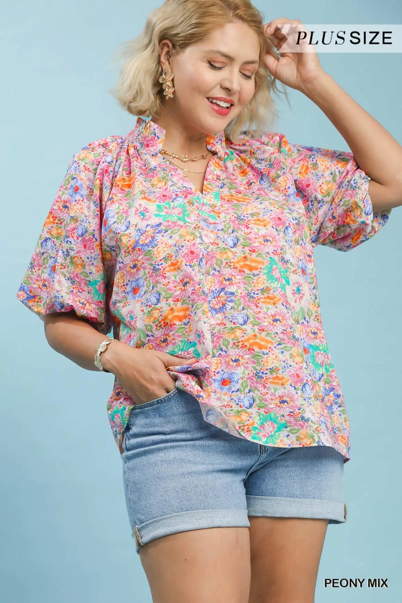 Floral Short Sleeve Button-Front Top