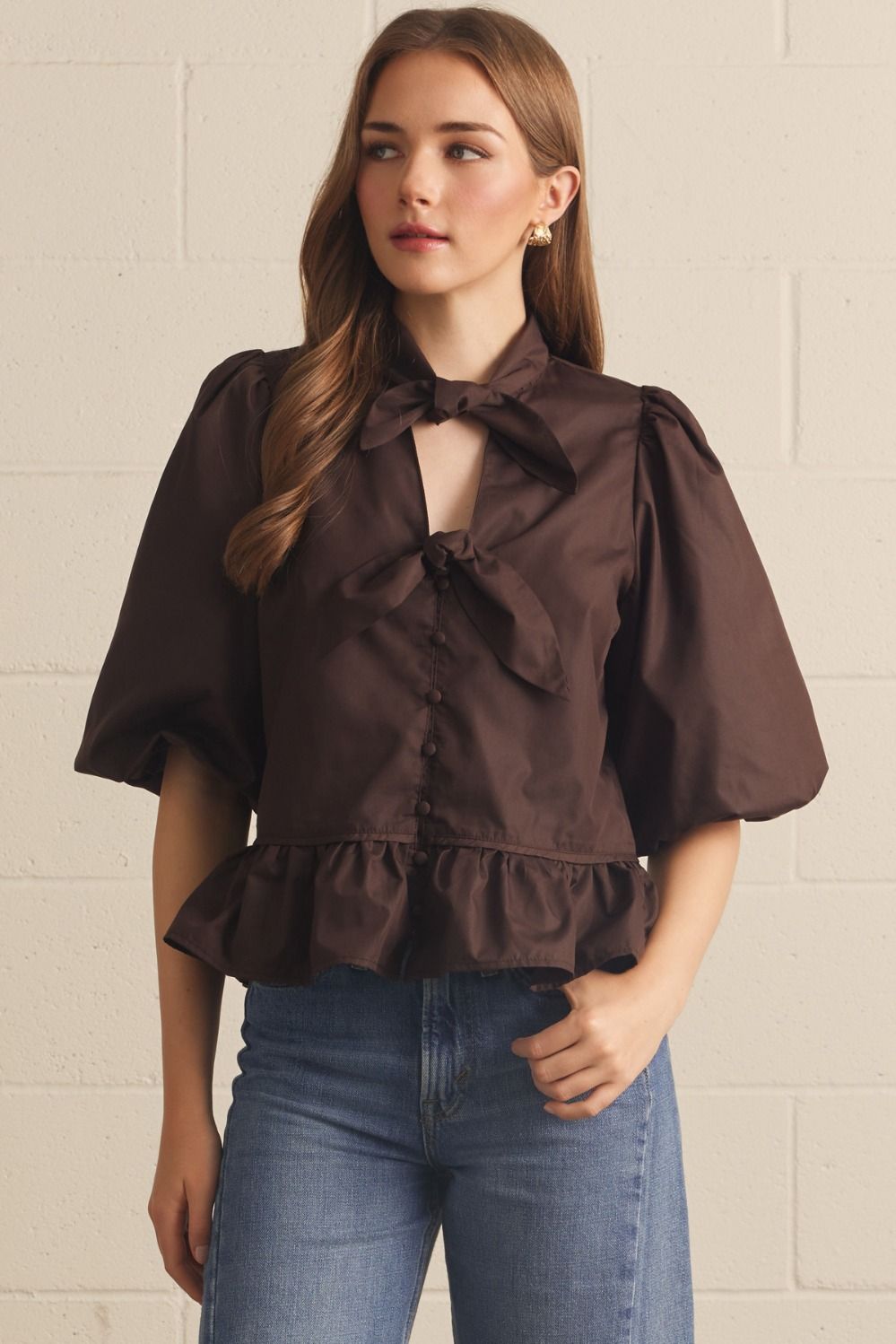 Self Tie Bow Top-Chocolate