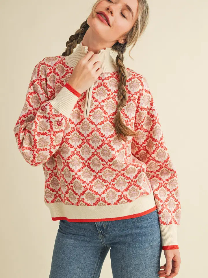 Floral Mock Neck Half Zip Pullover
