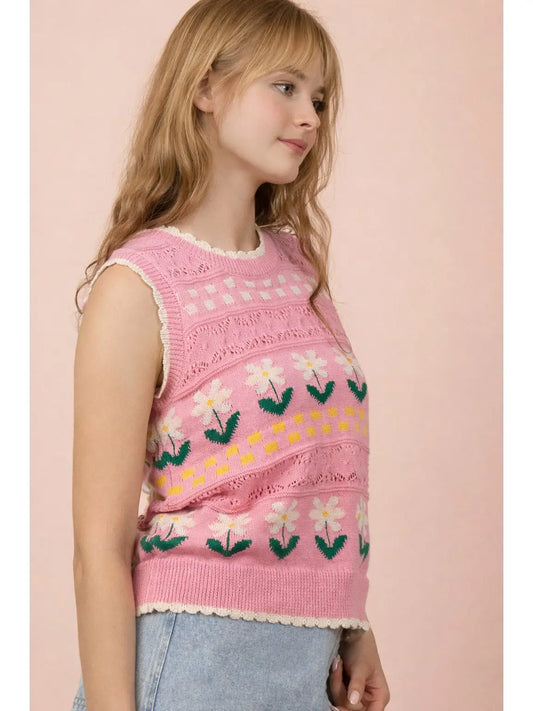 Floral Graphic Knit Sweater Vest Top