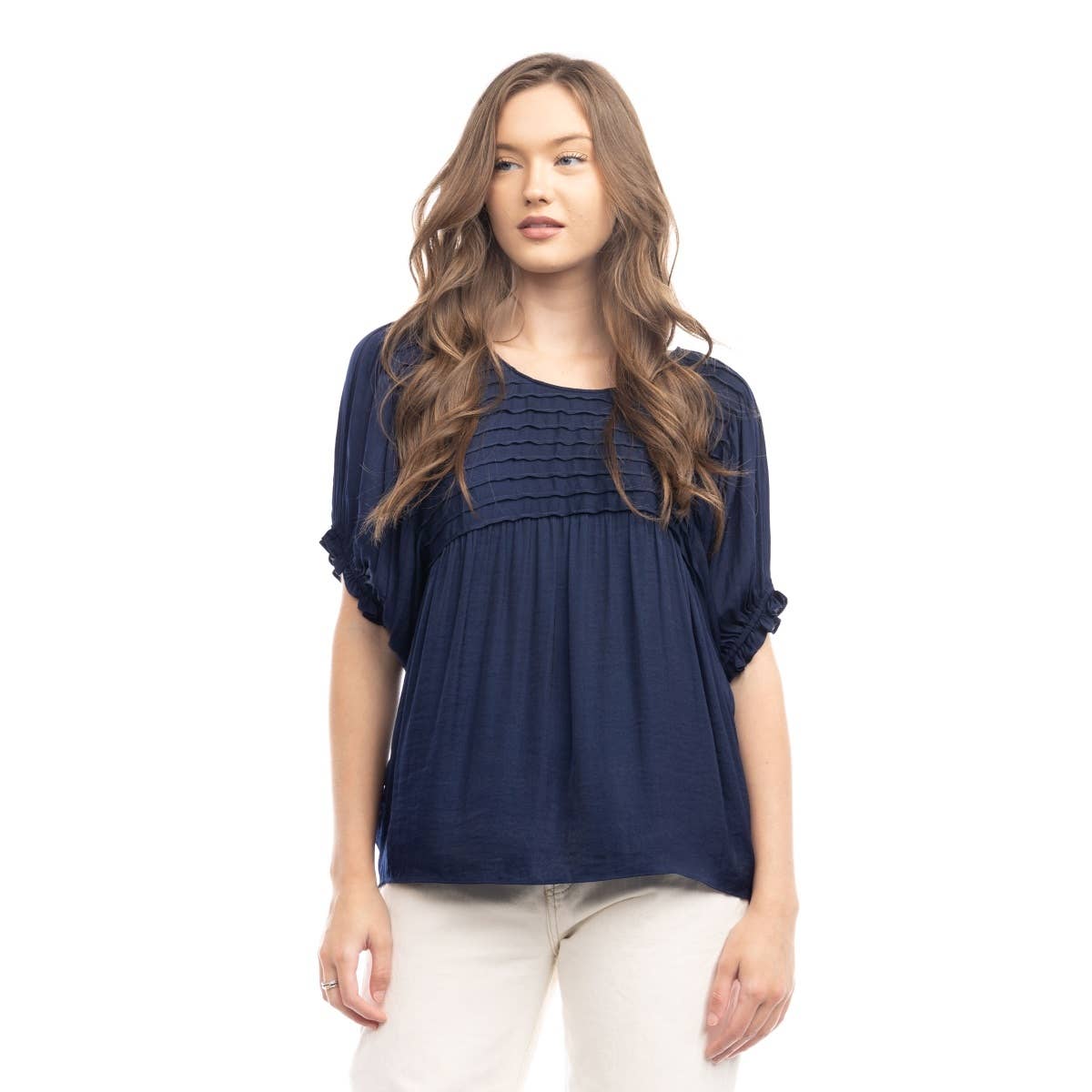 Short Sleeve Blouse With Pintuck Yoke Detail