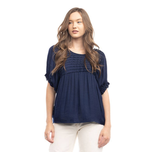 Short Sleeve Blouse With Pintuck Yoke Detail