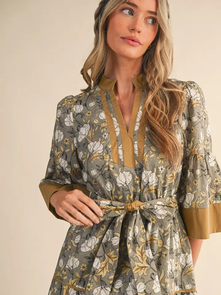 Floral Print Contrast Binding Belted Midi Dress