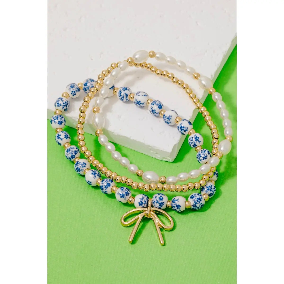 Bow Charm Blue Floral Bracelet Set