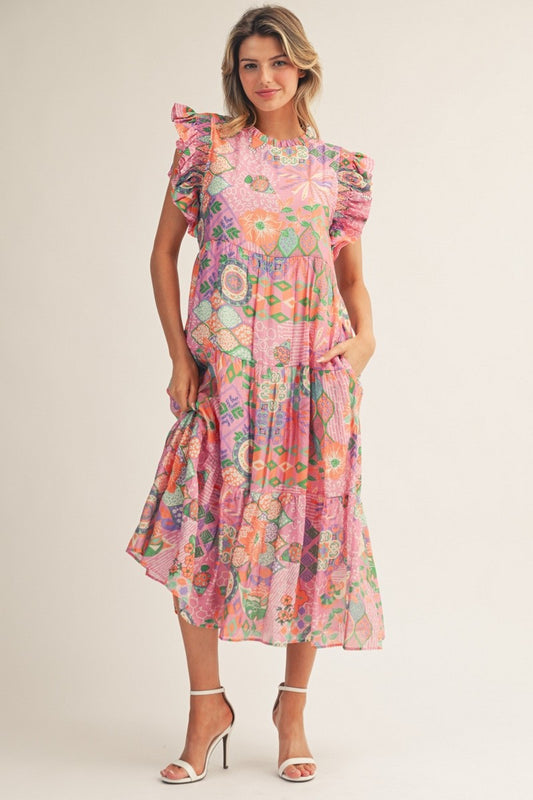 Smocked Shoulder Detail Boho Floral Midi Dress