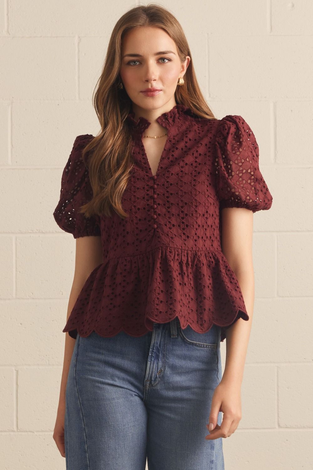 Puff Sleeve Eyelet Top-Burgundy