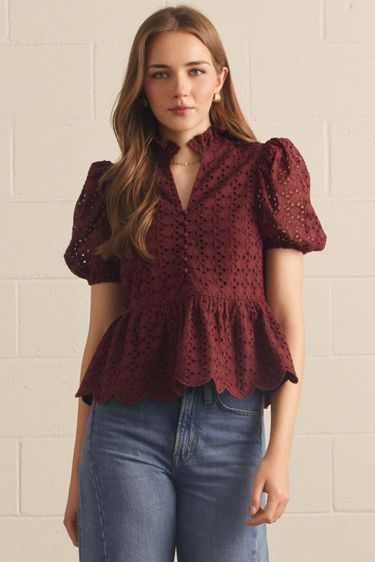 Puff Sleeve Eyelet Top-Burgundy