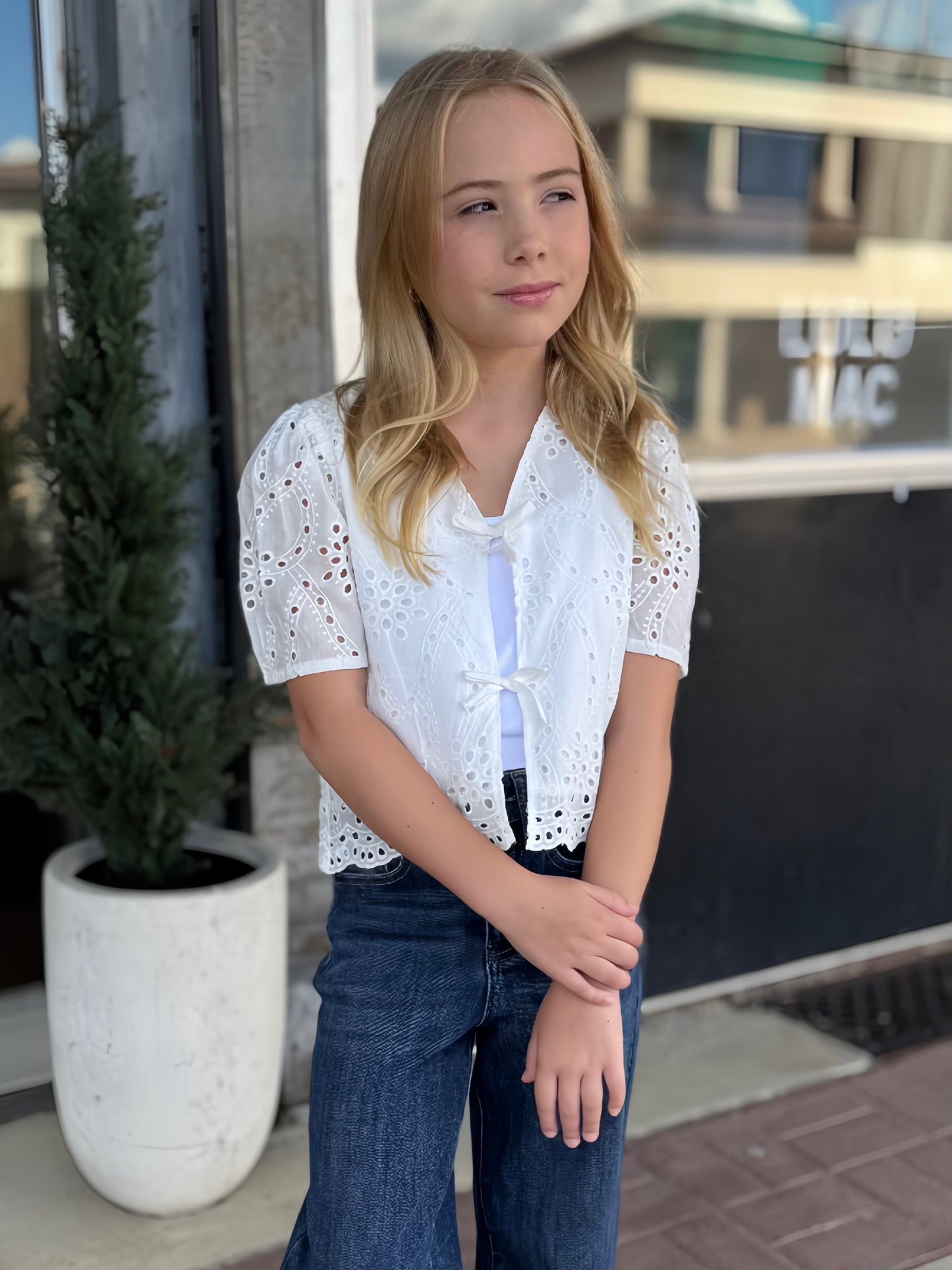 Girls Floral Eyelet Tie Detail Top