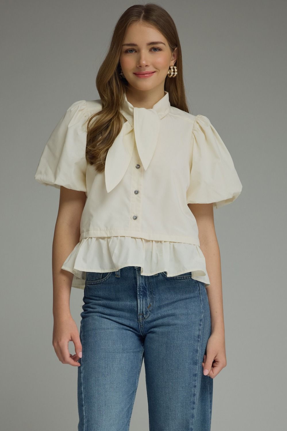 Scarf Tie Ruffle Hem Top- Cream