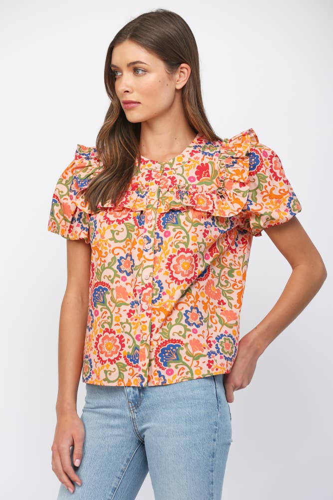 Ruffled Yoke Button Down Top