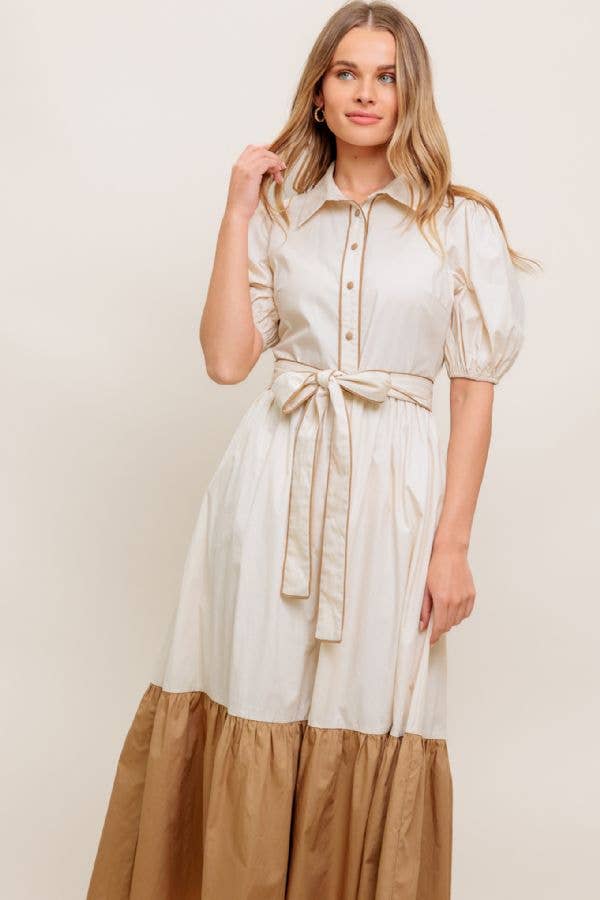 Color Block Midi Dress-Cream