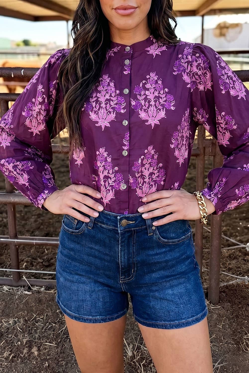 Boho Floral Print Button Down Top