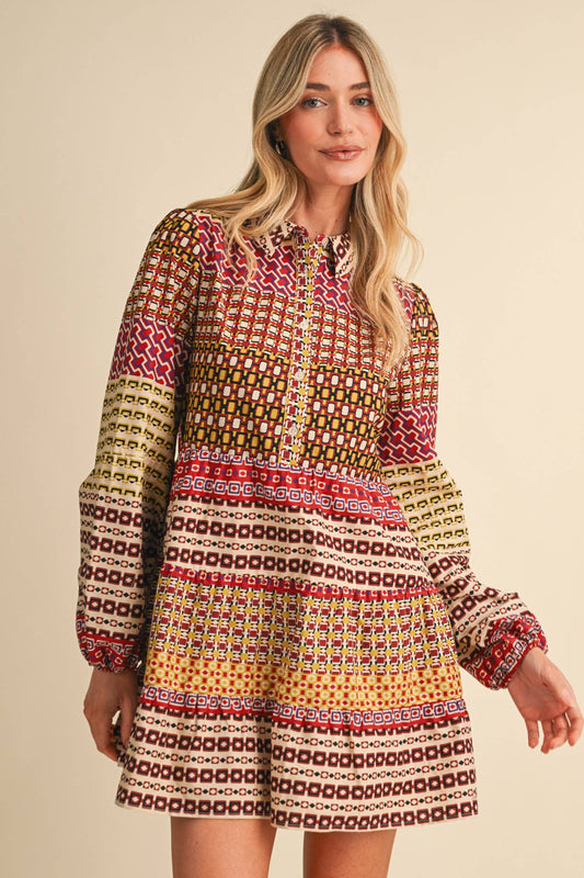 Border Print Button Down Mini Dress