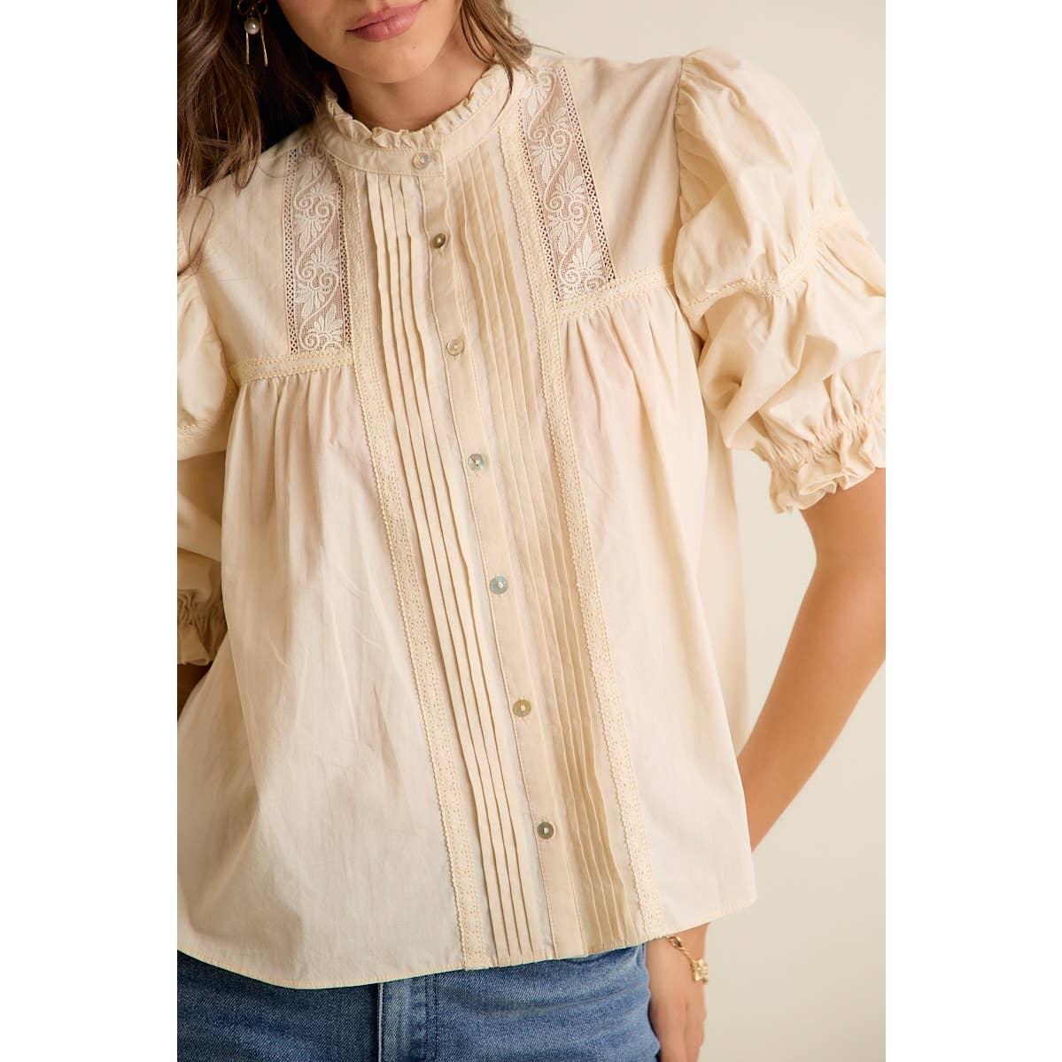 Lace Button Down Short Sleeve Top