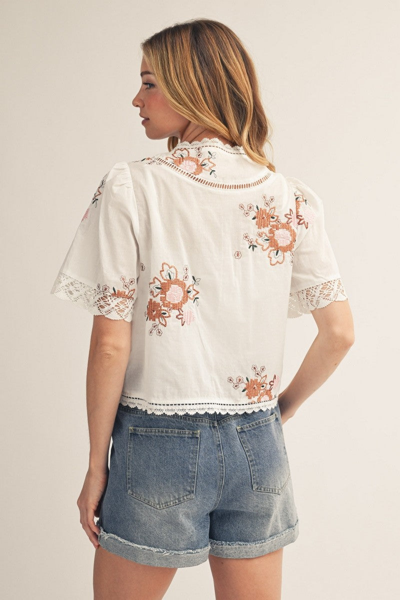 Lace Detail Front Tie Embroidered Top
