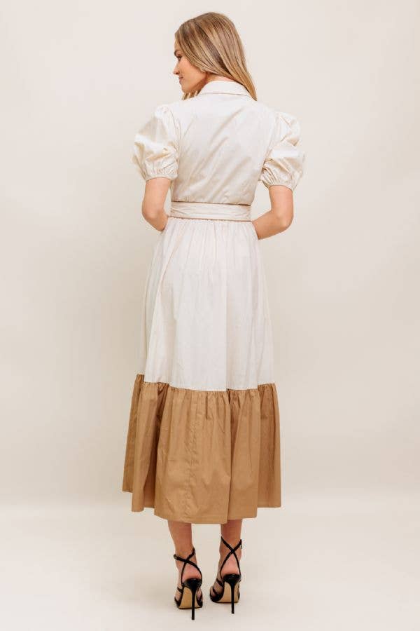 Color Block Midi Dress-Cream
