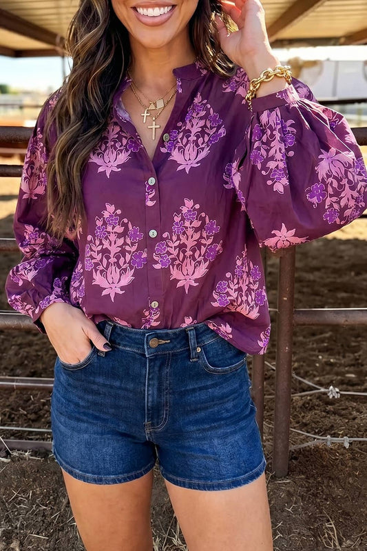 Boho Floral Print Button Down Top