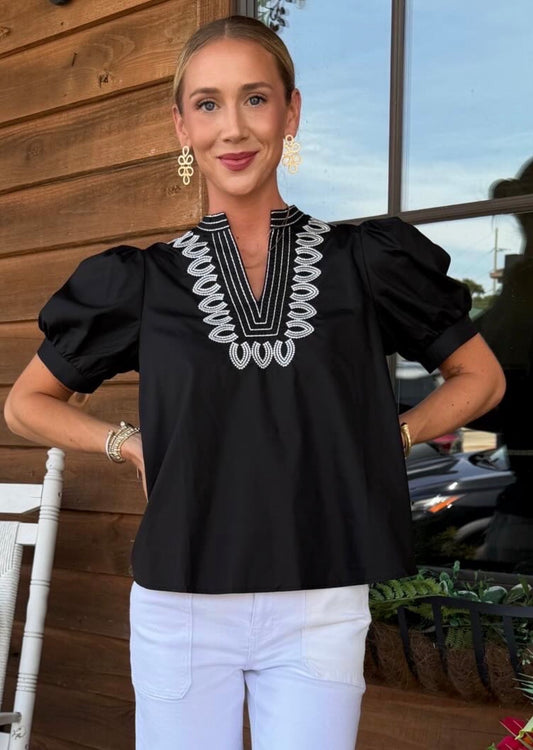 Puff Sleeve Embroidered Detail Blouse