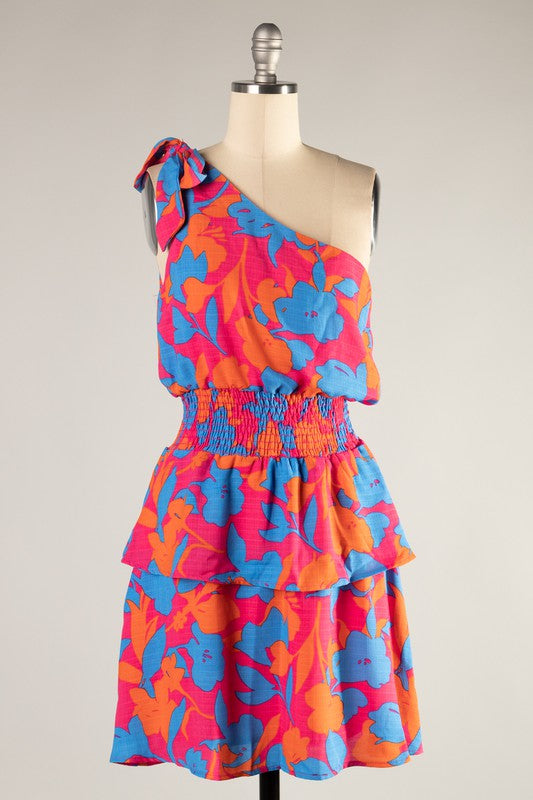 Floral Print One Shoulder Dress