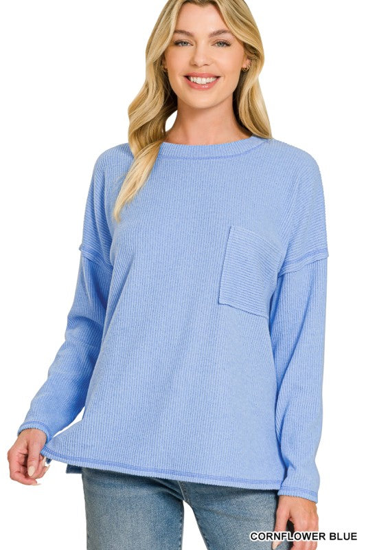 Zenana Ribbed Brushed Pocket Sweater