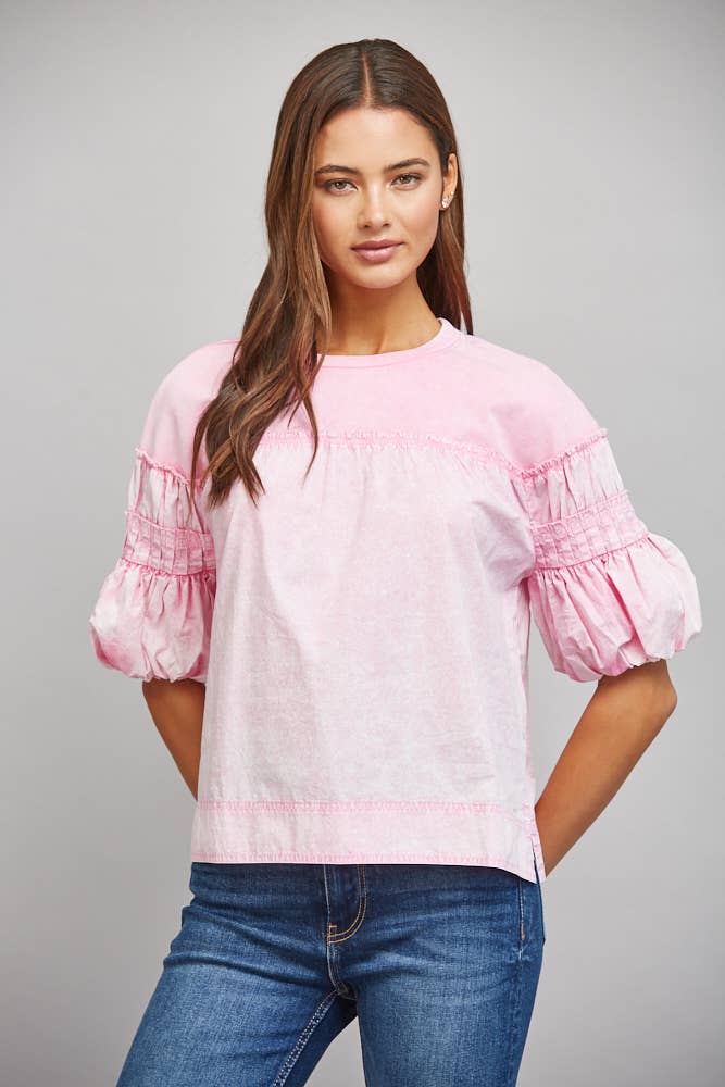Gathered Puff Slv Mineral Washed Top