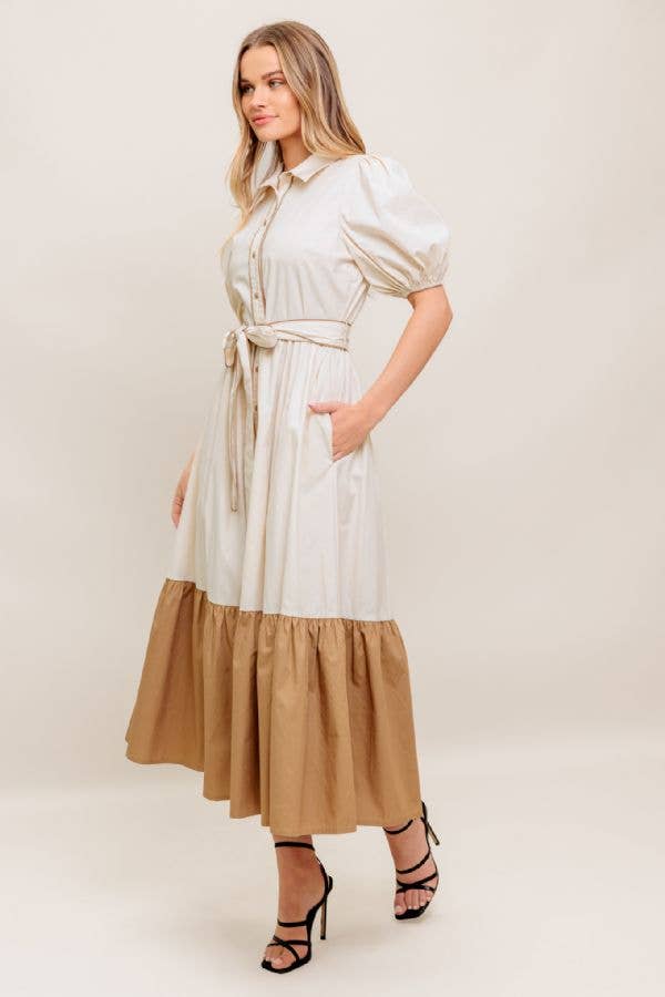 Color Block Midi Dress-Cream