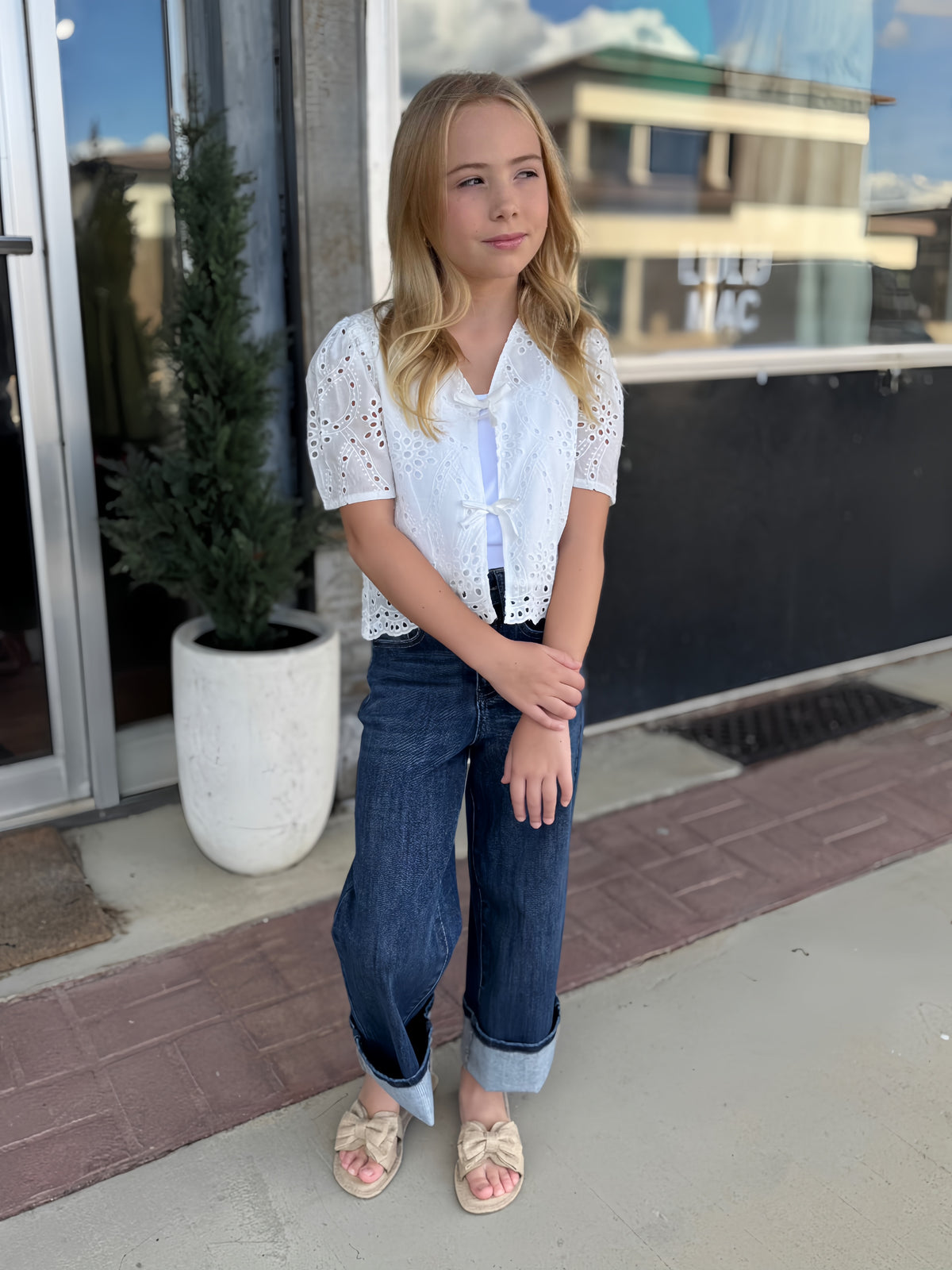Girls Floral Eyelet Tie Detail Top