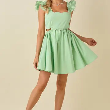 Scallop Mini Dress with Ruffled Shoulder