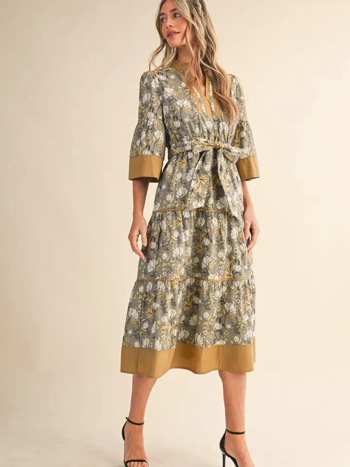 Floral Print Contrast Binding Belted Midi Dress