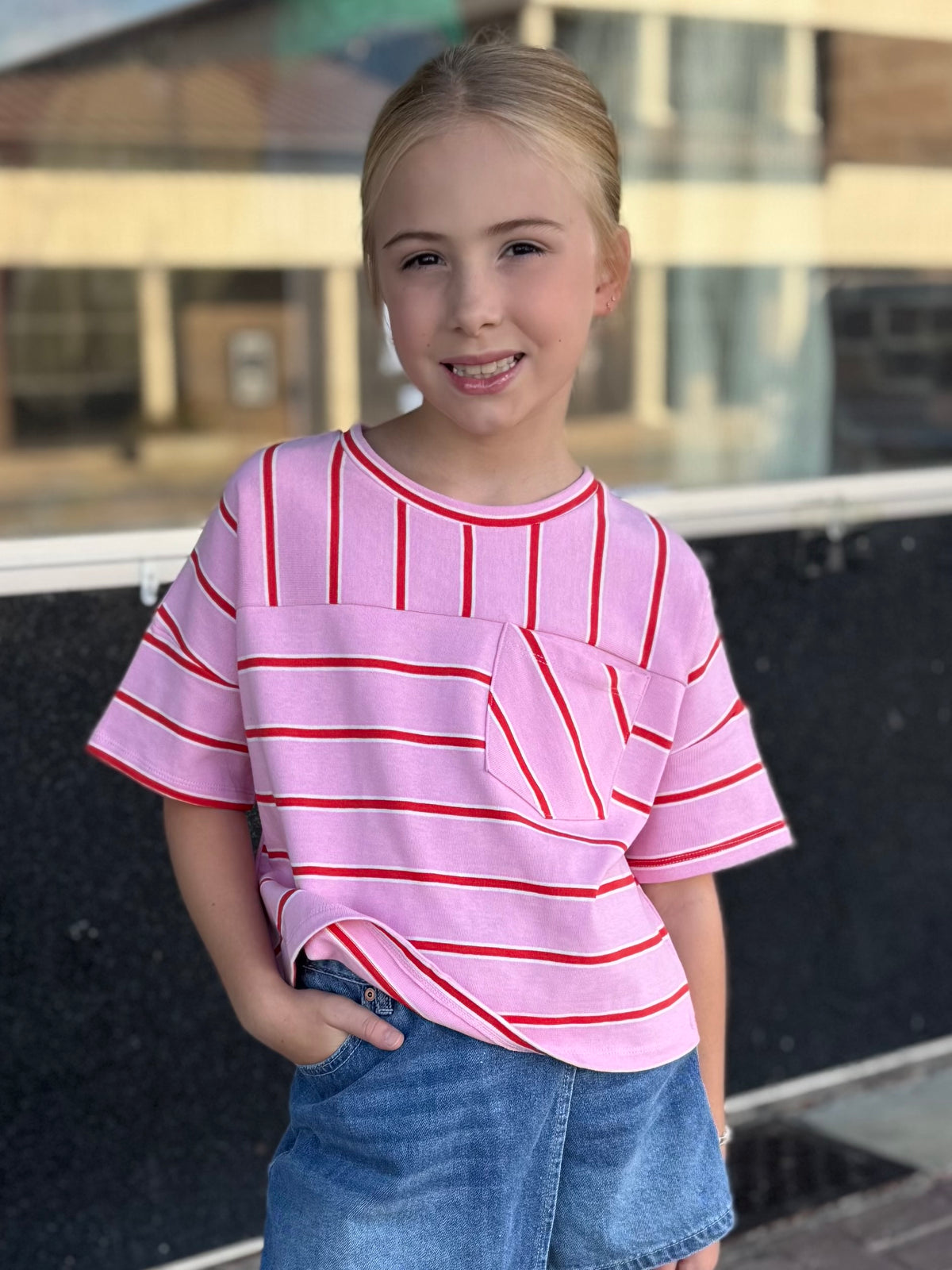Girls Mixed Stripe Pocket Tee