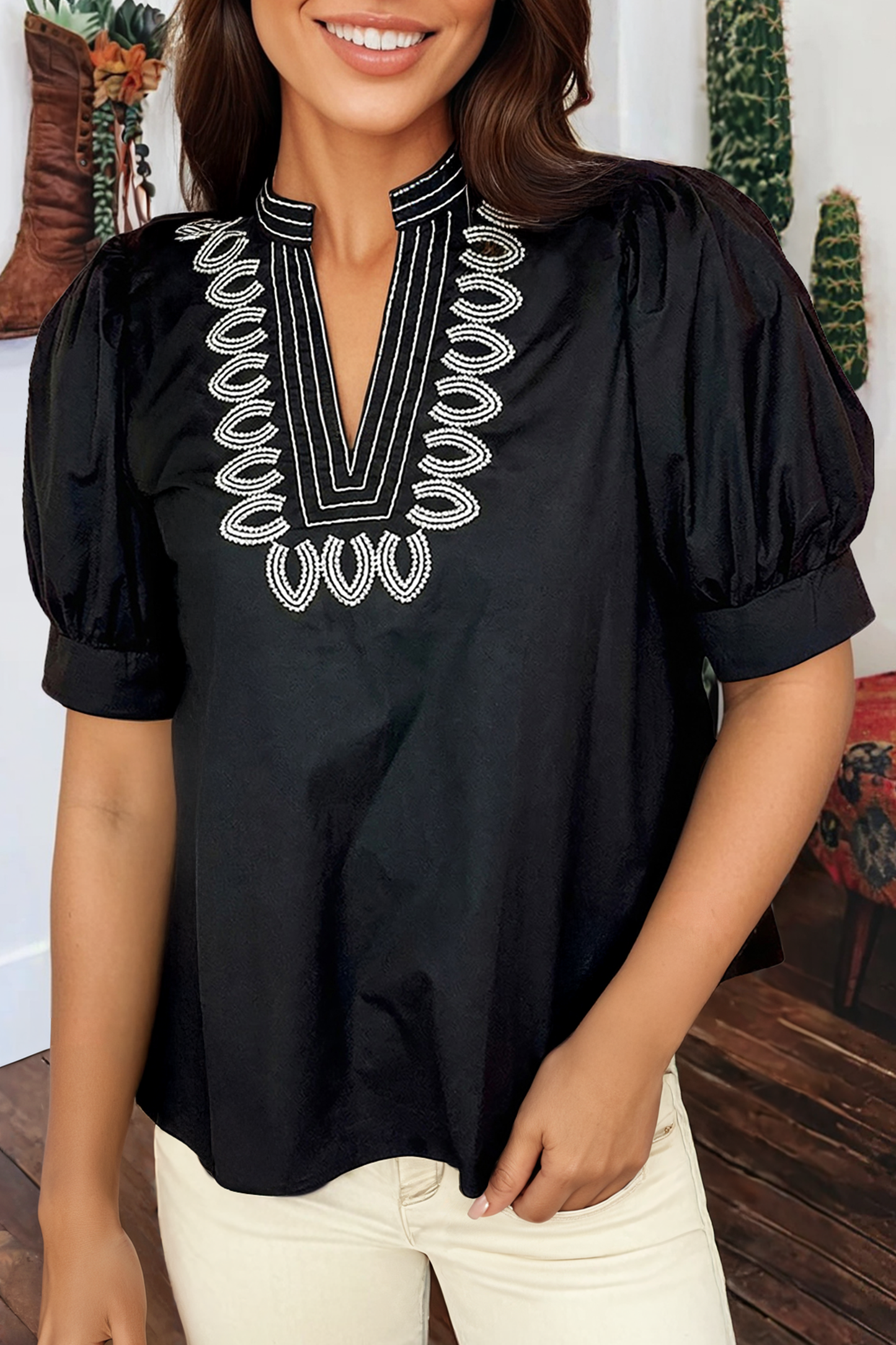 Puff Sleeve Embroidered Detail Blouse