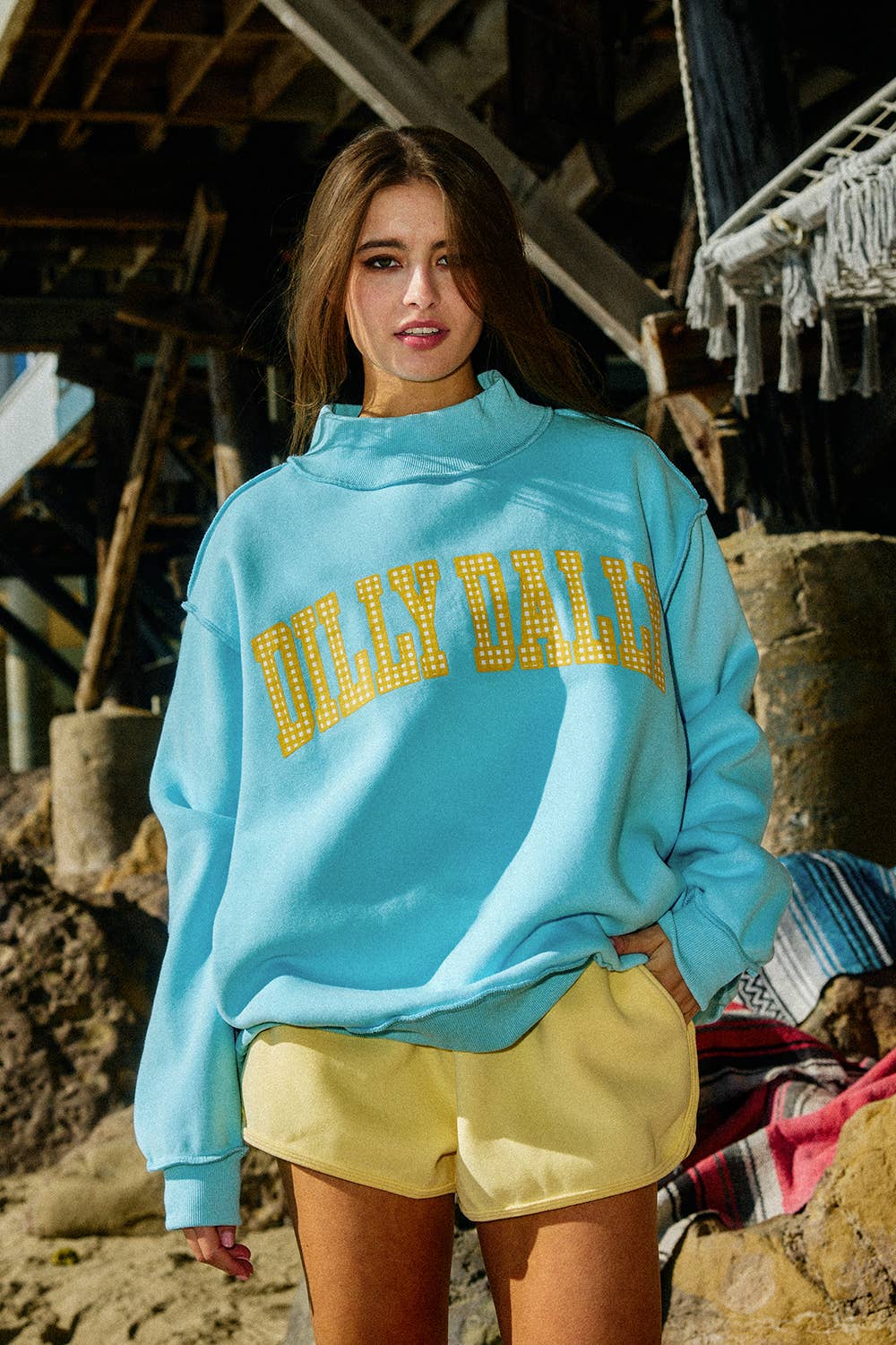 Dilly Dally Reversible Mockneck Sweatshirt - Blue/Yellow