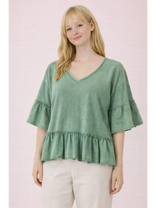Mineral Washed Ruffle Detail Knit Top