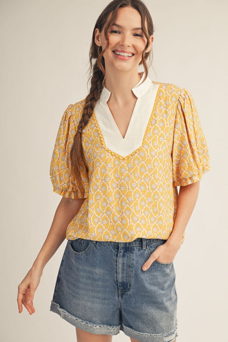 Scallop Trim Boho Floral Top