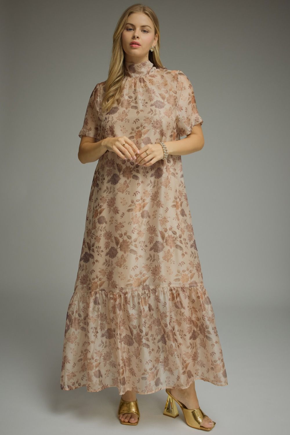 Sheer Floral Maxi Dress- Taupe